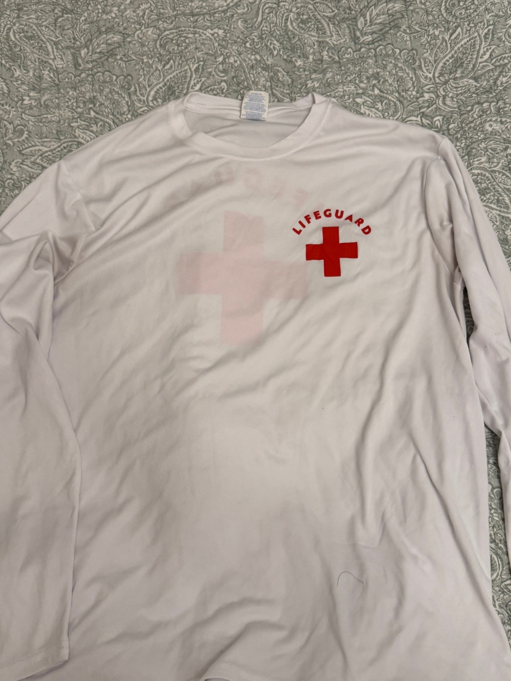 Port and Company Men's White Long-Sleeve Rash Guard with Red Lifeguard Cross